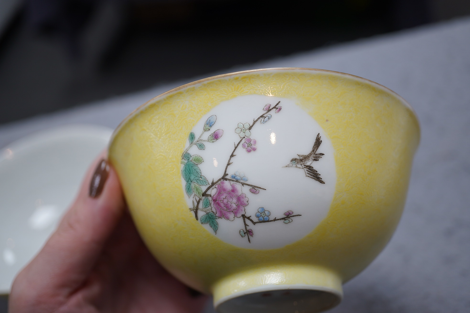 A pair of Chinese yellow sgraffito ground medallion bowls, Guangxu mark, early 20th century